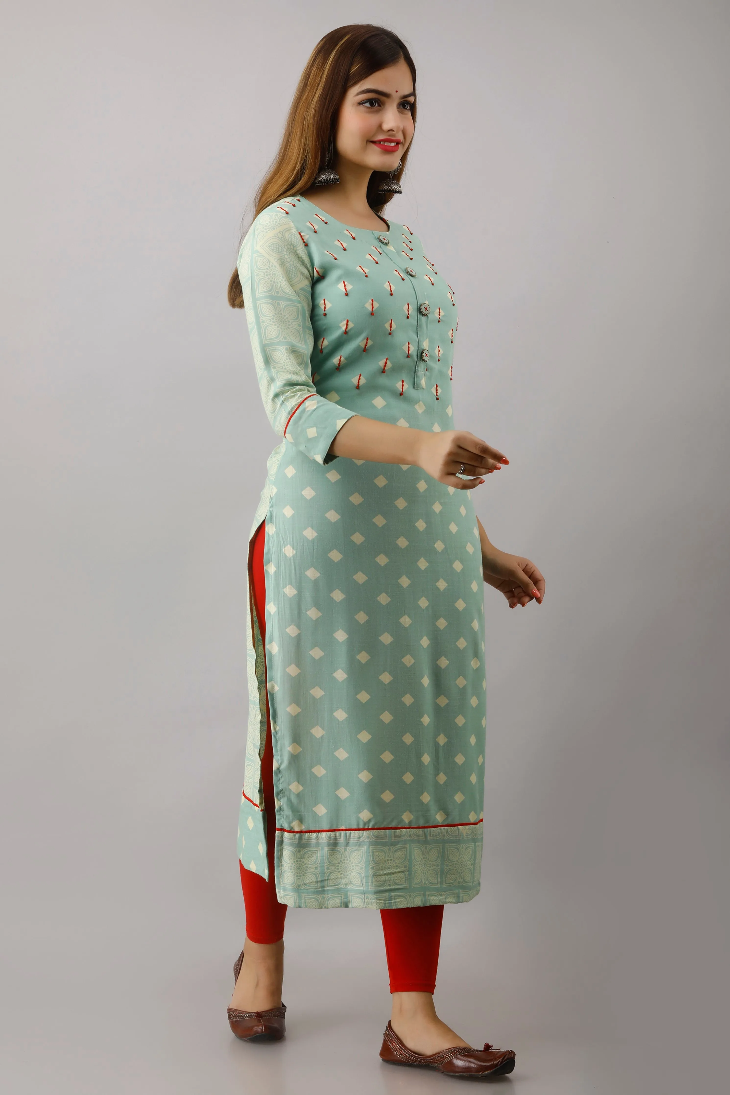 Pista Green Color Rayon Straight Womens Kurta
