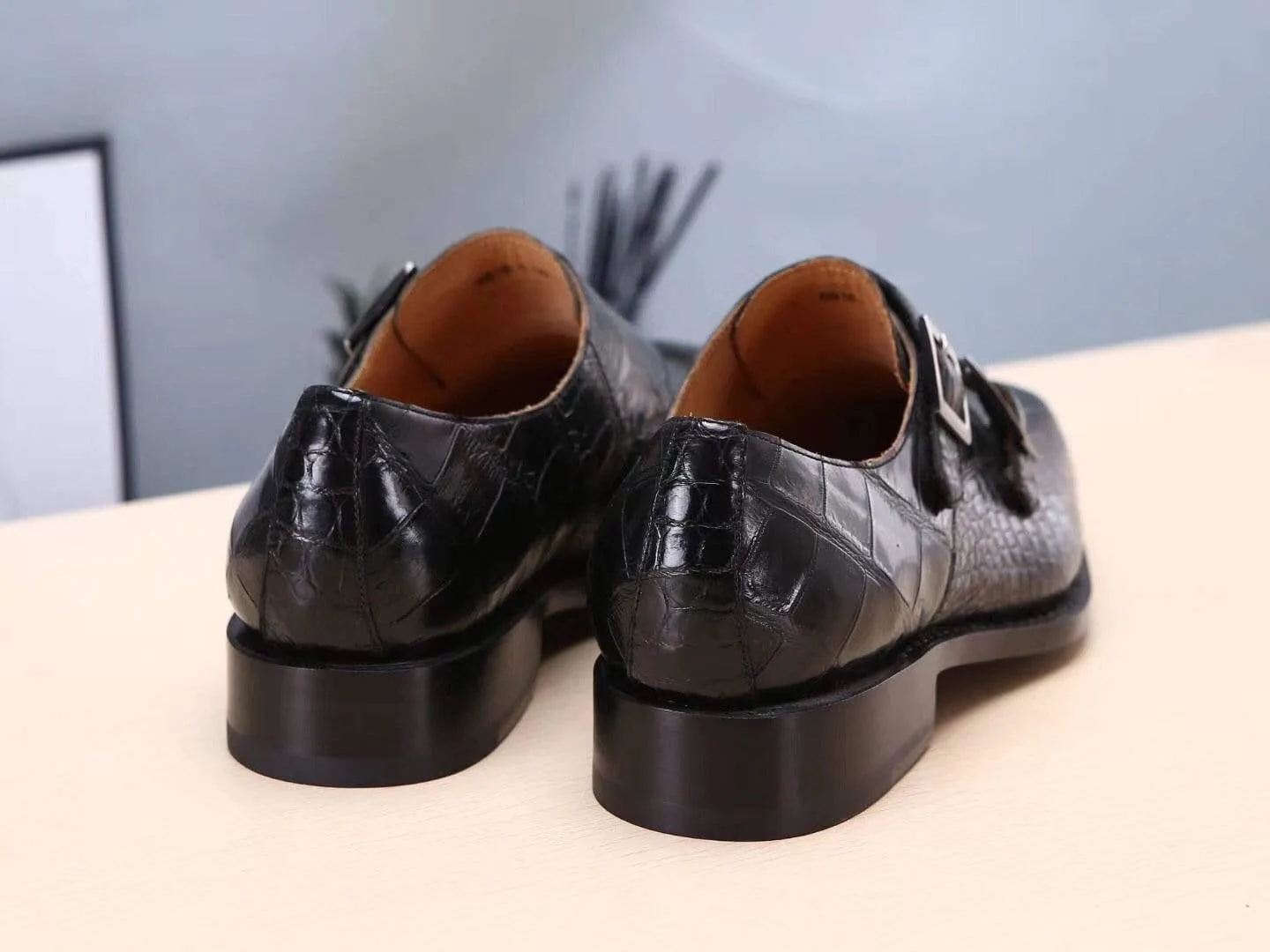 Preorder Crocodile Shoes Mens Shoes Crocodile  Leather Monk Double Strap Dress Shoes,Goodyear Sole