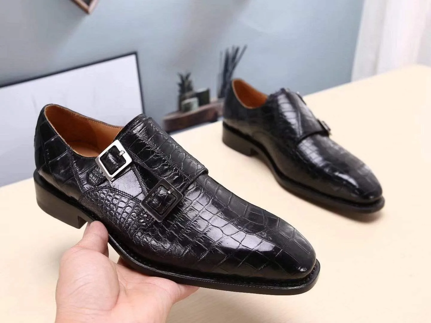 Preorder Crocodile Shoes Mens Shoes Crocodile  Leather Monk Double Strap Dress Shoes,Goodyear Sole