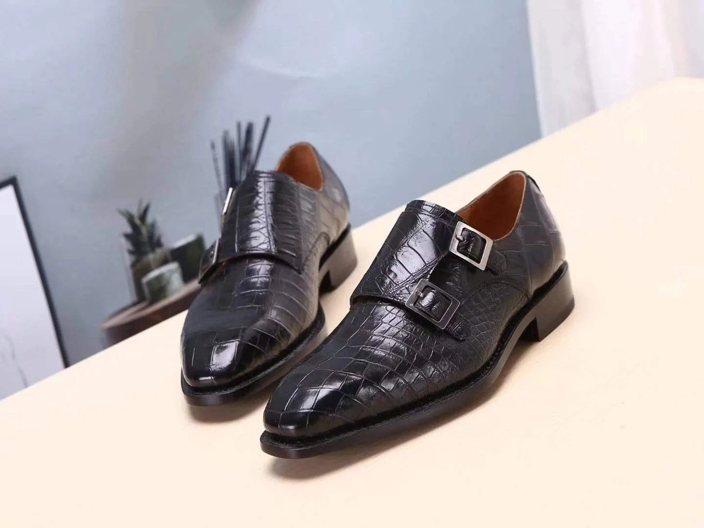 Preorder Crocodile Shoes Mens Shoes Crocodile  Leather Monk Double Strap Dress Shoes,Goodyear Sole