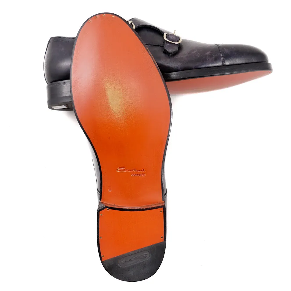 Santoni Double-Buckle Monk Strap in Navy