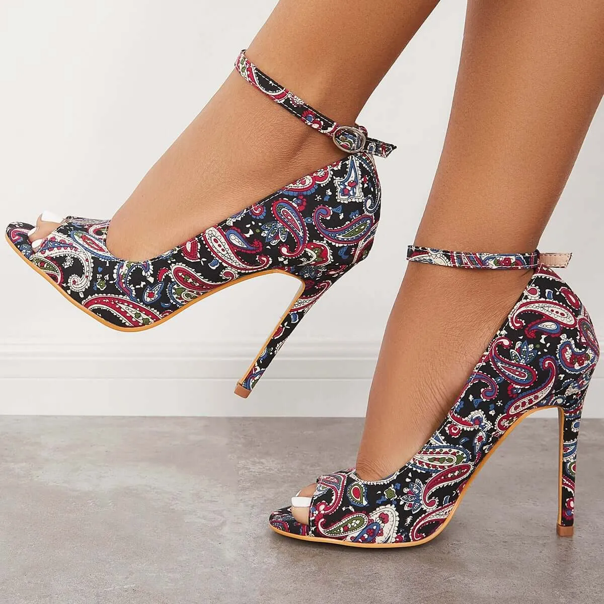 Sohiwoo Peep Toe High Heel Pumps Ankle Strap Stilettos Thin Heels