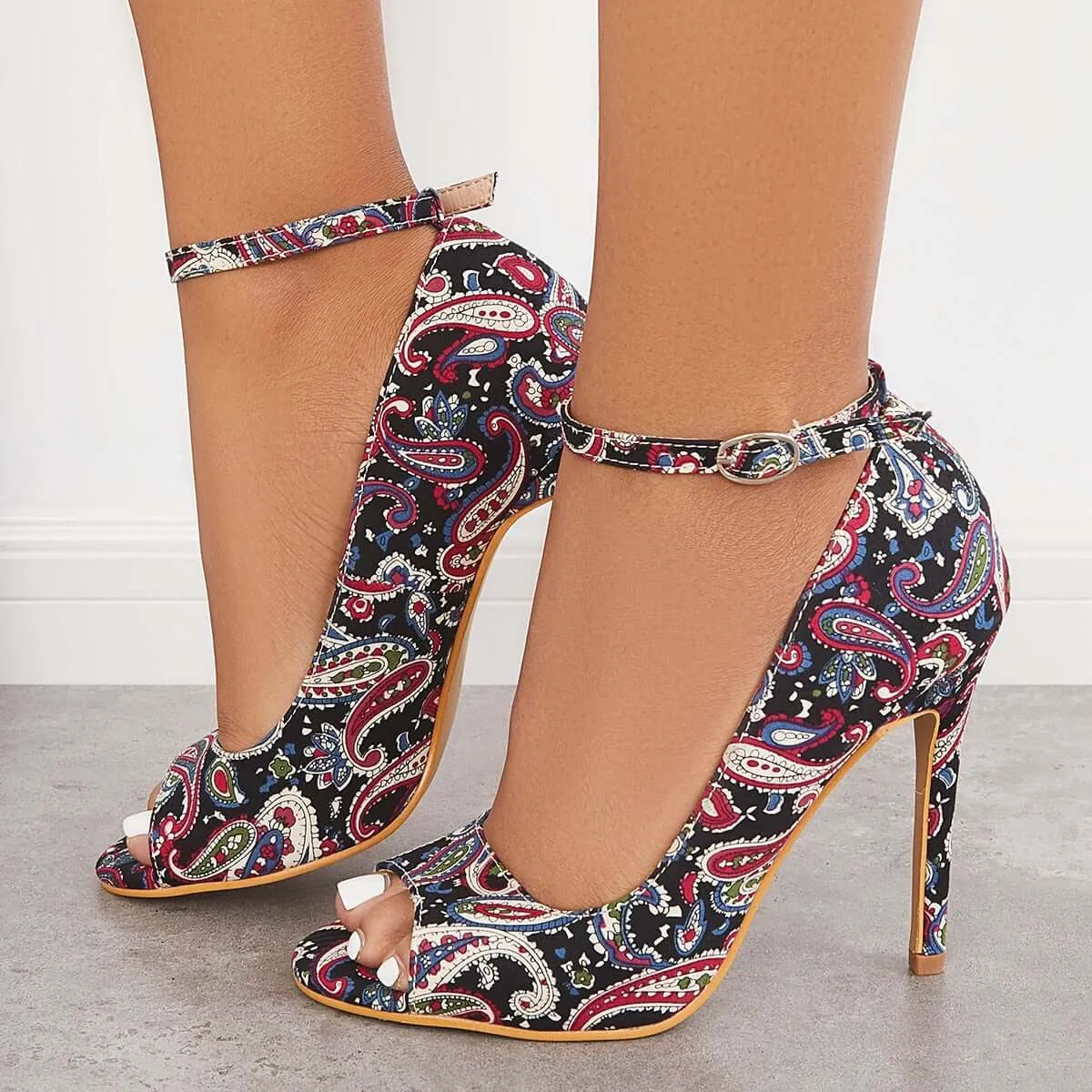 Sohiwoo Peep Toe High Heel Pumps Ankle Strap Stilettos Thin Heels
