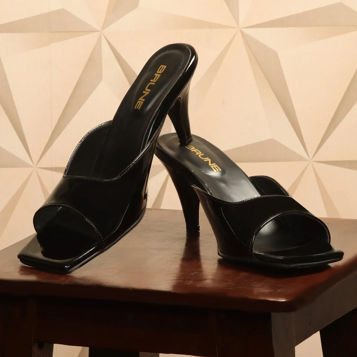 Square Open Toe Black Patent Leather Ladies Kitten Heel Sandal By Brune & Bareskin