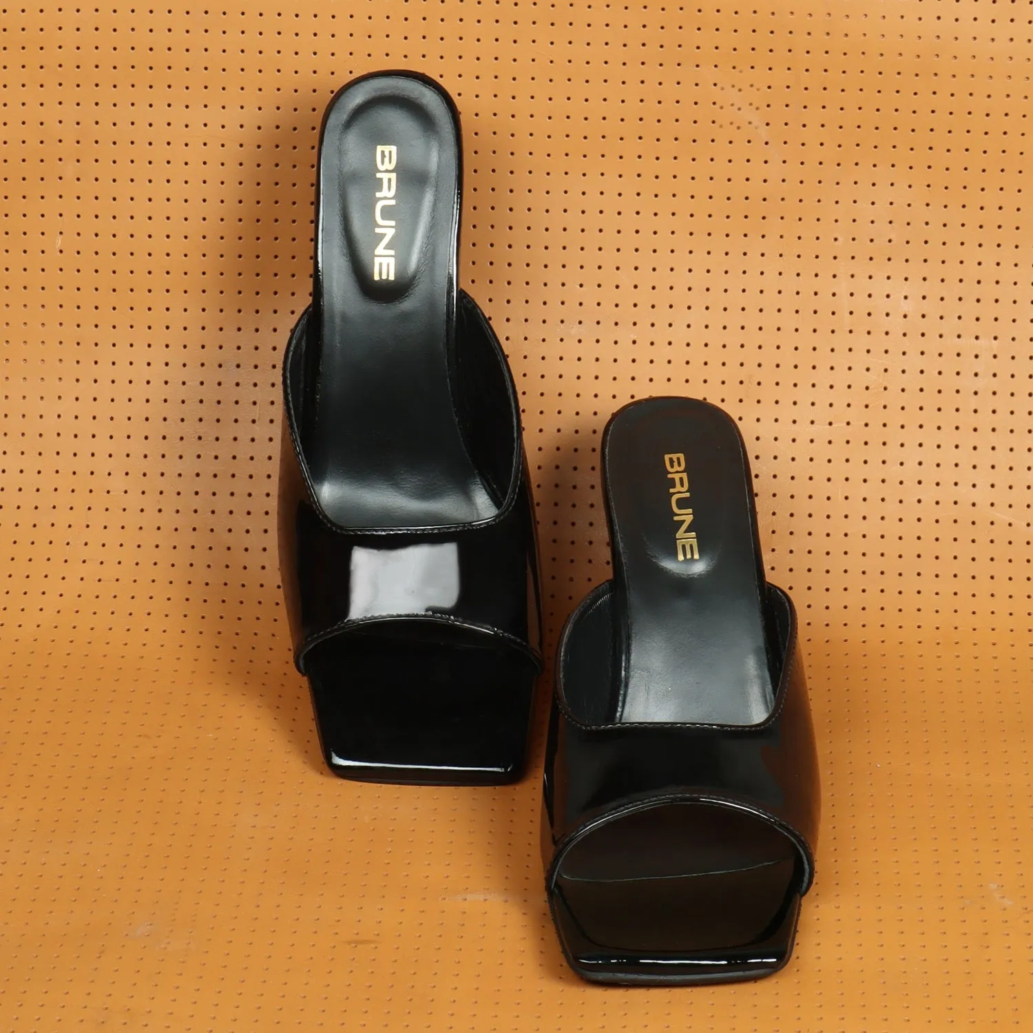Square Open Toe Black Patent Leather Ladies Kitten Heel Sandal By Brune & Bareskin