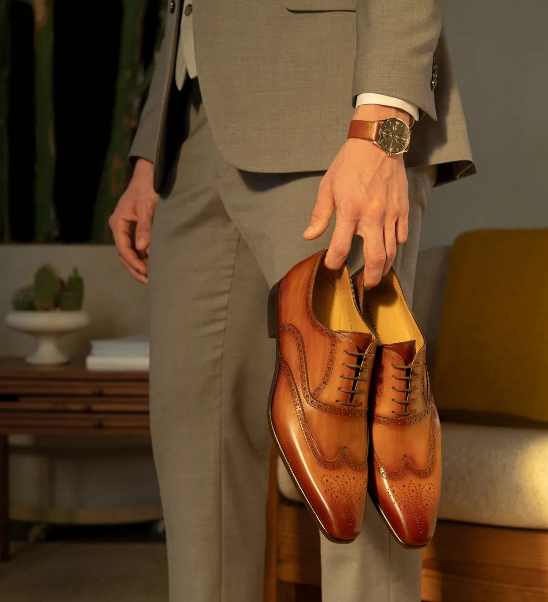 Tan Leather Simeon Lace Up Bogue Wingtip Oxfords - SS23