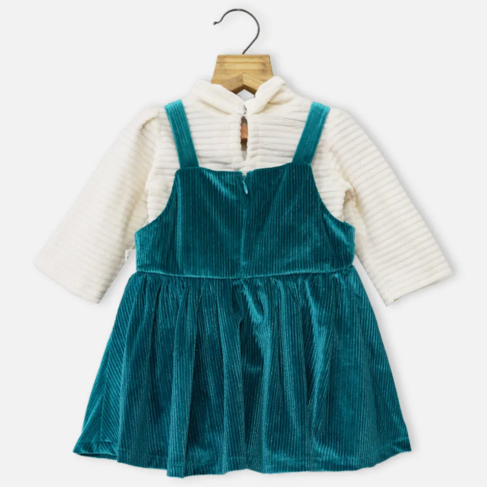 Teal Velvet Dungaree Dress With Ivory Top With Sling Bag