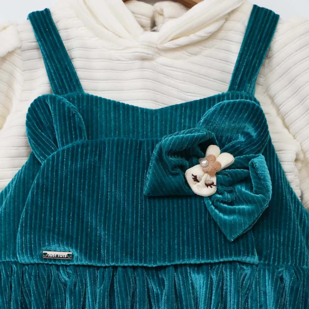 Teal Velvet Dungaree Dress With Ivory Top With Sling Bag