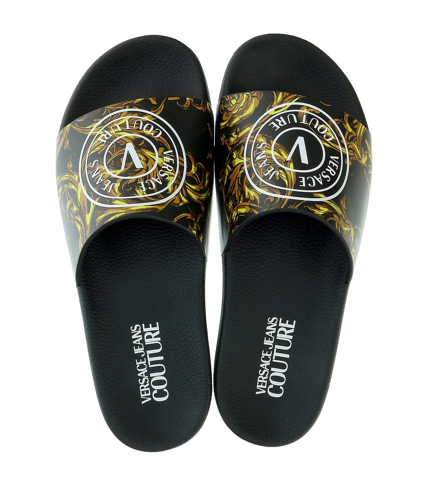 Versace Jeans Couture Gold Baroque Print Wide Strap Sandals-