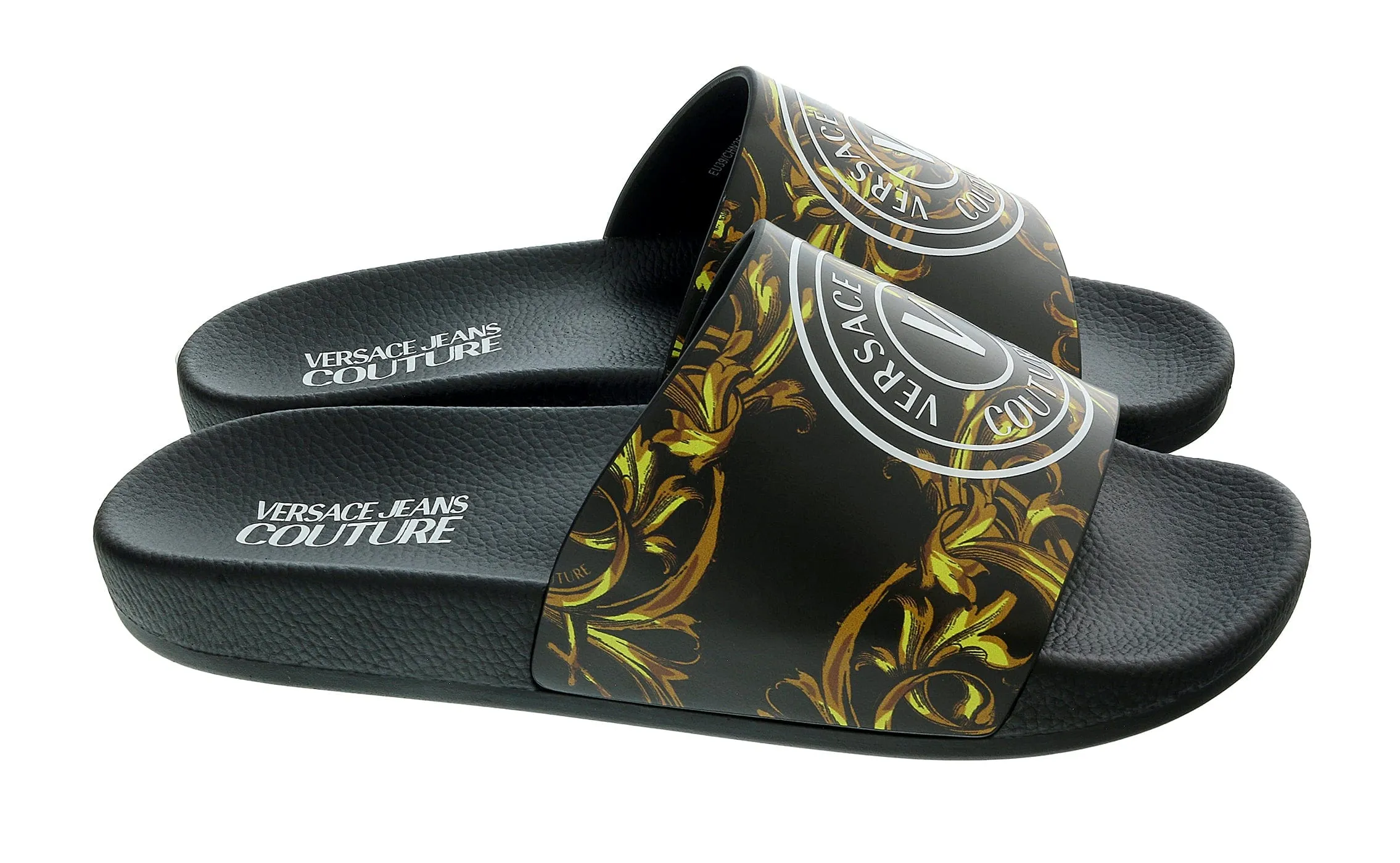 Versace Jeans Couture Gold Baroque Print Wide Strap Sandals-