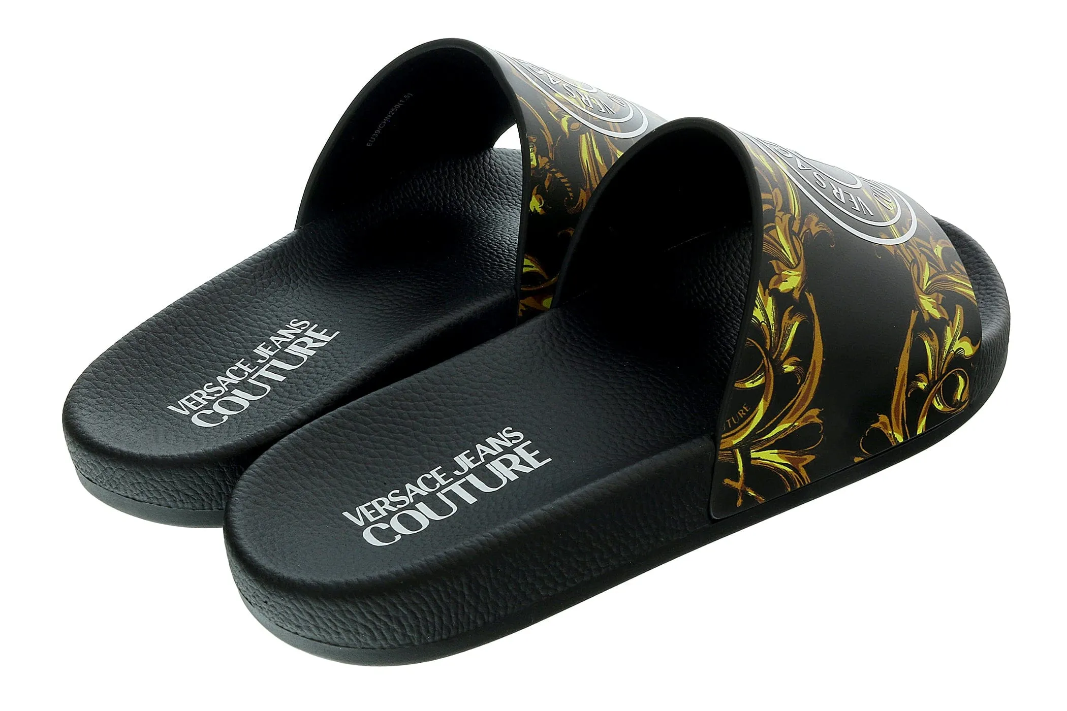 Versace Jeans Couture Gold Baroque Print Wide Strap Sandals-
