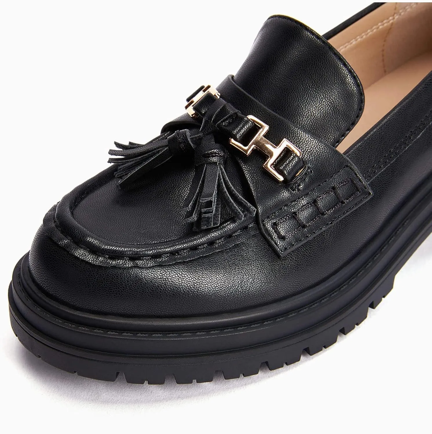 VETASTE Womens Lug Sole Platform Mid Chunky Heel Loafers Classic Round Toe Slip On Office Uniform Oxfords Shoes with Metal Chain