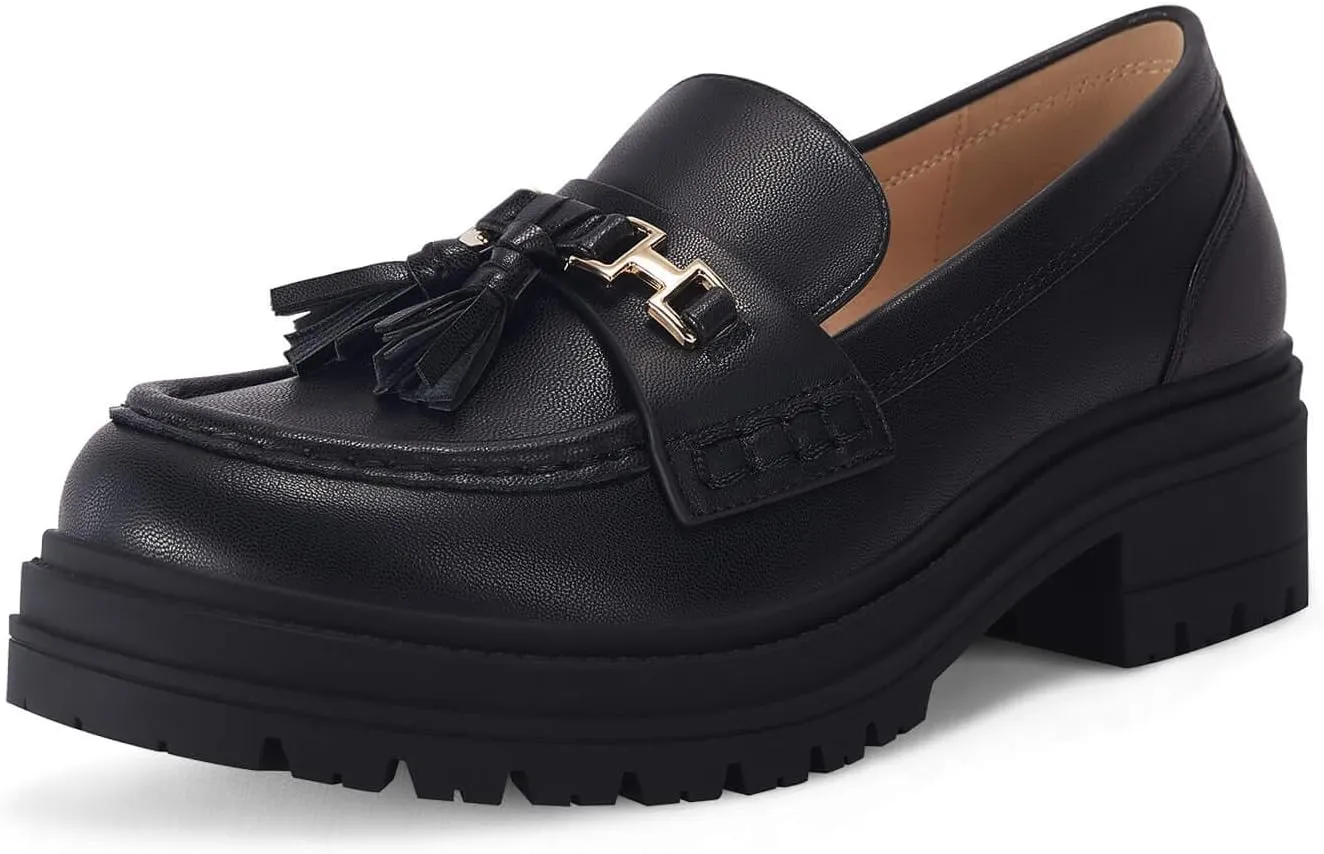VETASTE Womens Lug Sole Platform Mid Chunky Heel Loafers Classic Round Toe Slip On Office Uniform Oxfords Shoes with Metal Chain