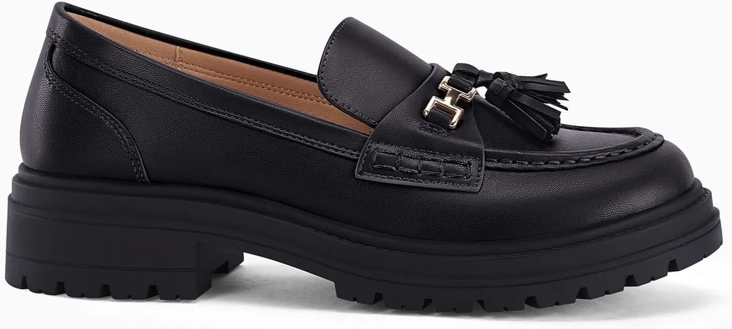 VETASTE Womens Lug Sole Platform Mid Chunky Heel Loafers Classic Round Toe Slip On Office Uniform Oxfords Shoes with Metal Chain