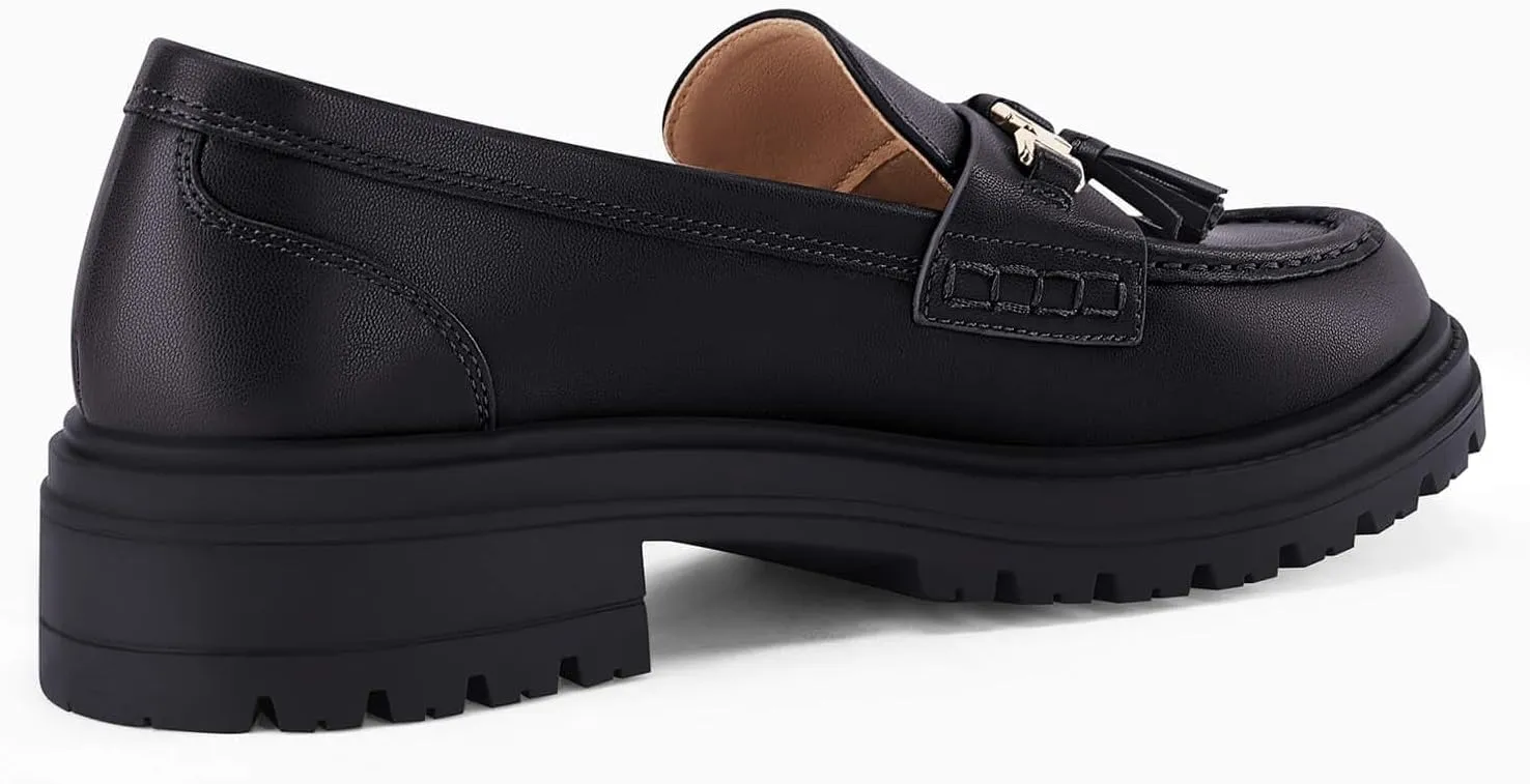 VETASTE Womens Lug Sole Platform Mid Chunky Heel Loafers Classic Round Toe Slip On Office Uniform Oxfords Shoes with Metal Chain