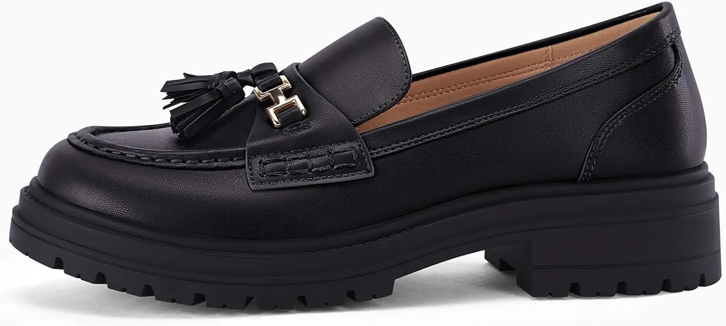 VETASTE Womens Lug Sole Platform Mid Chunky Heel Loafers Classic Round Toe Slip On Office Uniform Oxfords Shoes with Metal Chain