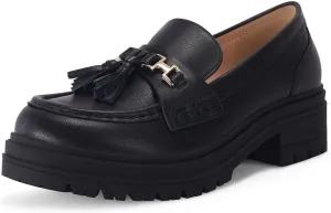 VETASTE Womens Lug Sole Platform Mid Chunky Heel Loafers Classic Round Toe Slip On Office Uniform Oxfords Shoes with Metal Chain