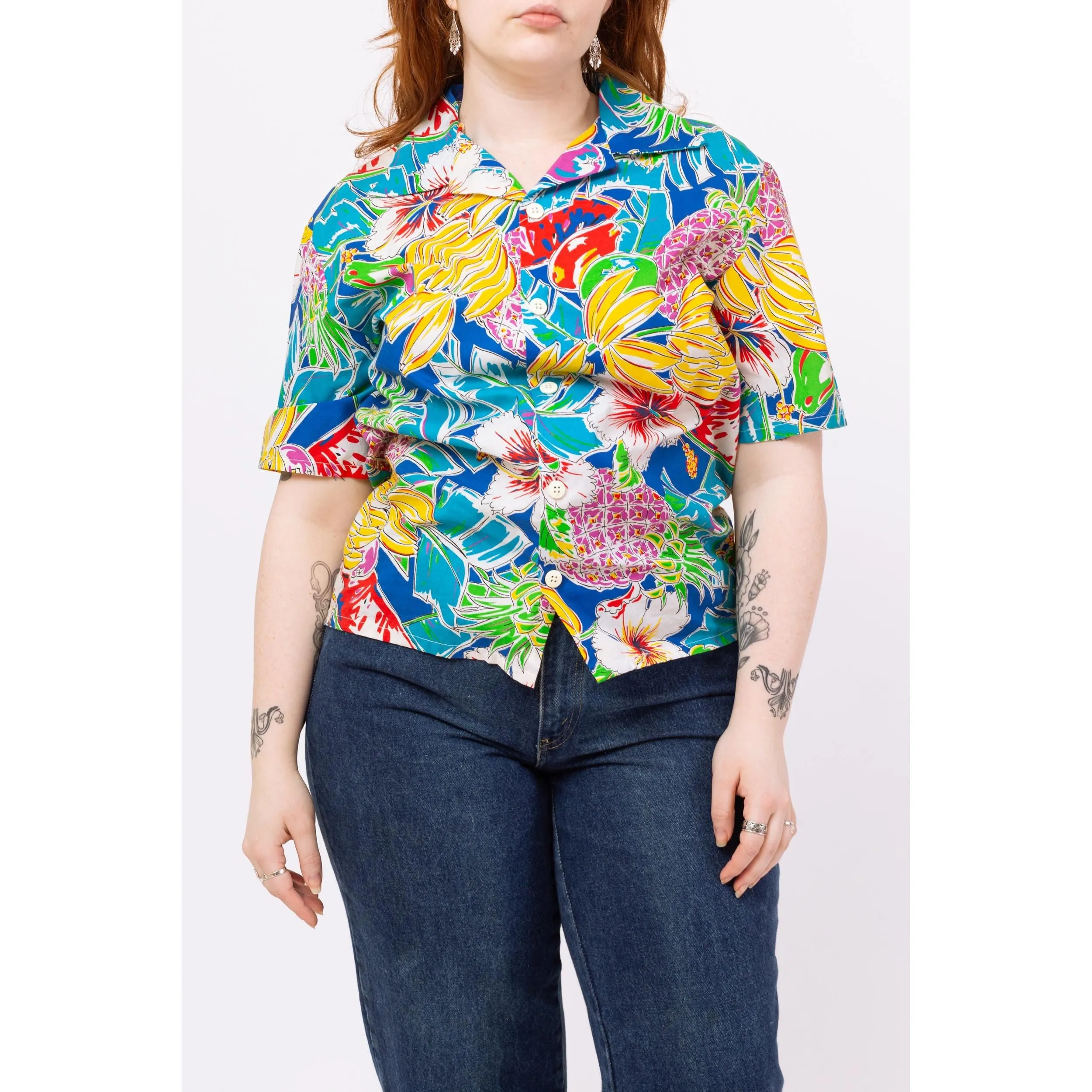 Vintage 80s Tropical Fruit Print Hawaiian Shirt - Men’s Medium