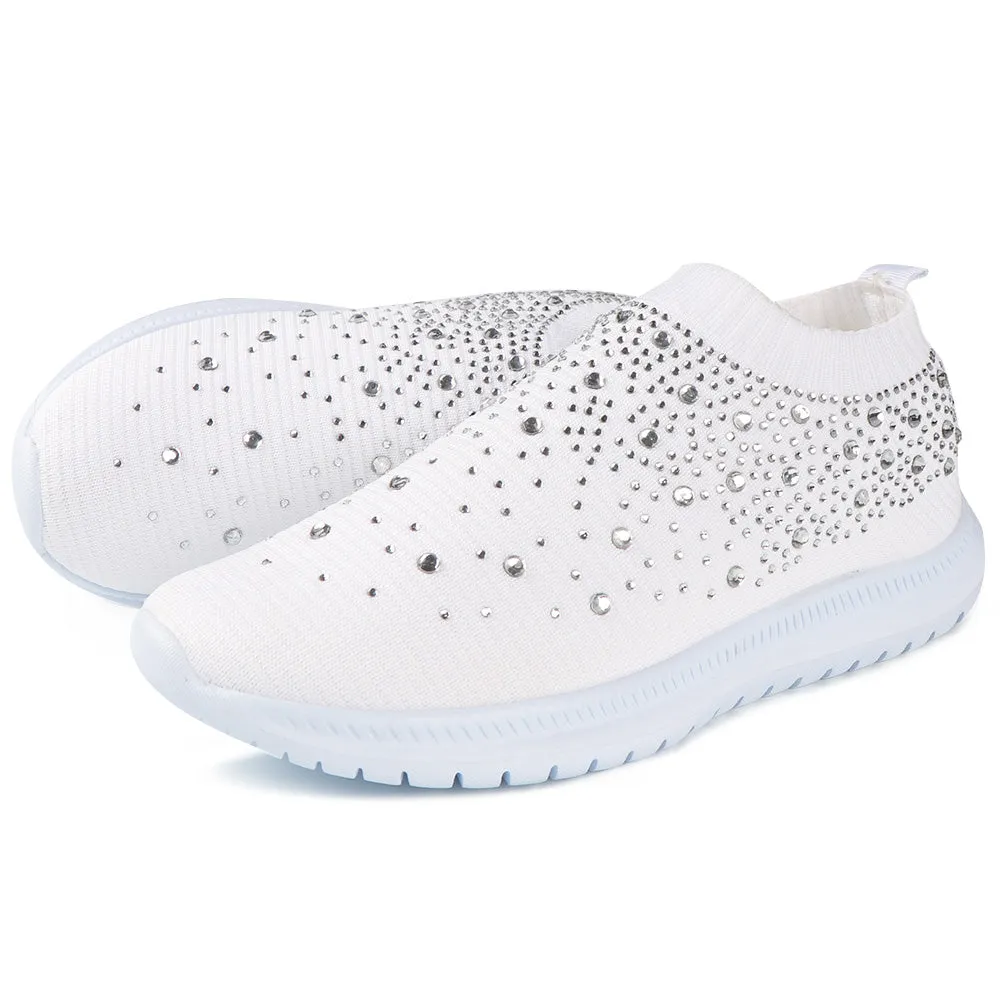 Women Sport Mesh Walking Rhinestone Glitter Slip On Sock Sneakers