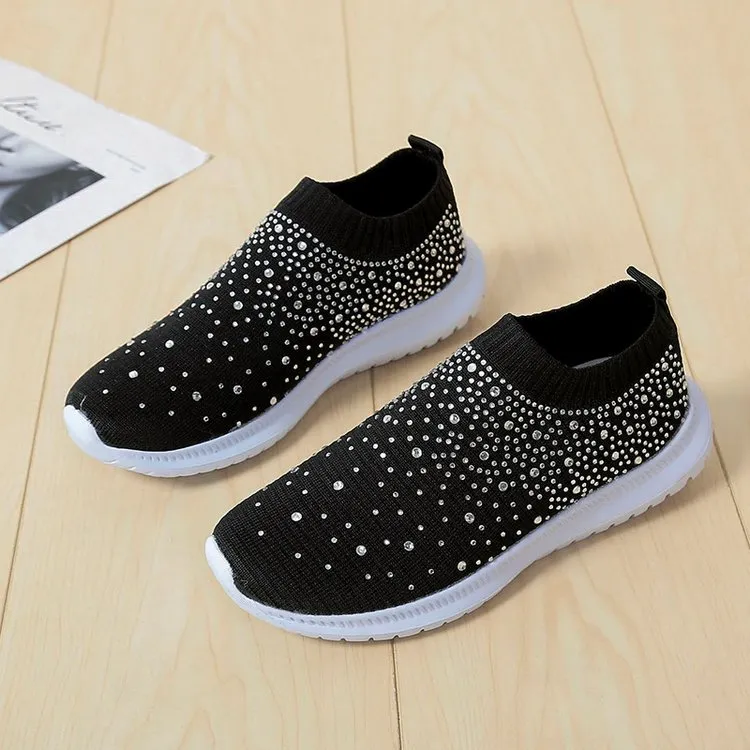 Women Sport Mesh Walking Rhinestone Glitter Slip On Sock Sneakers
