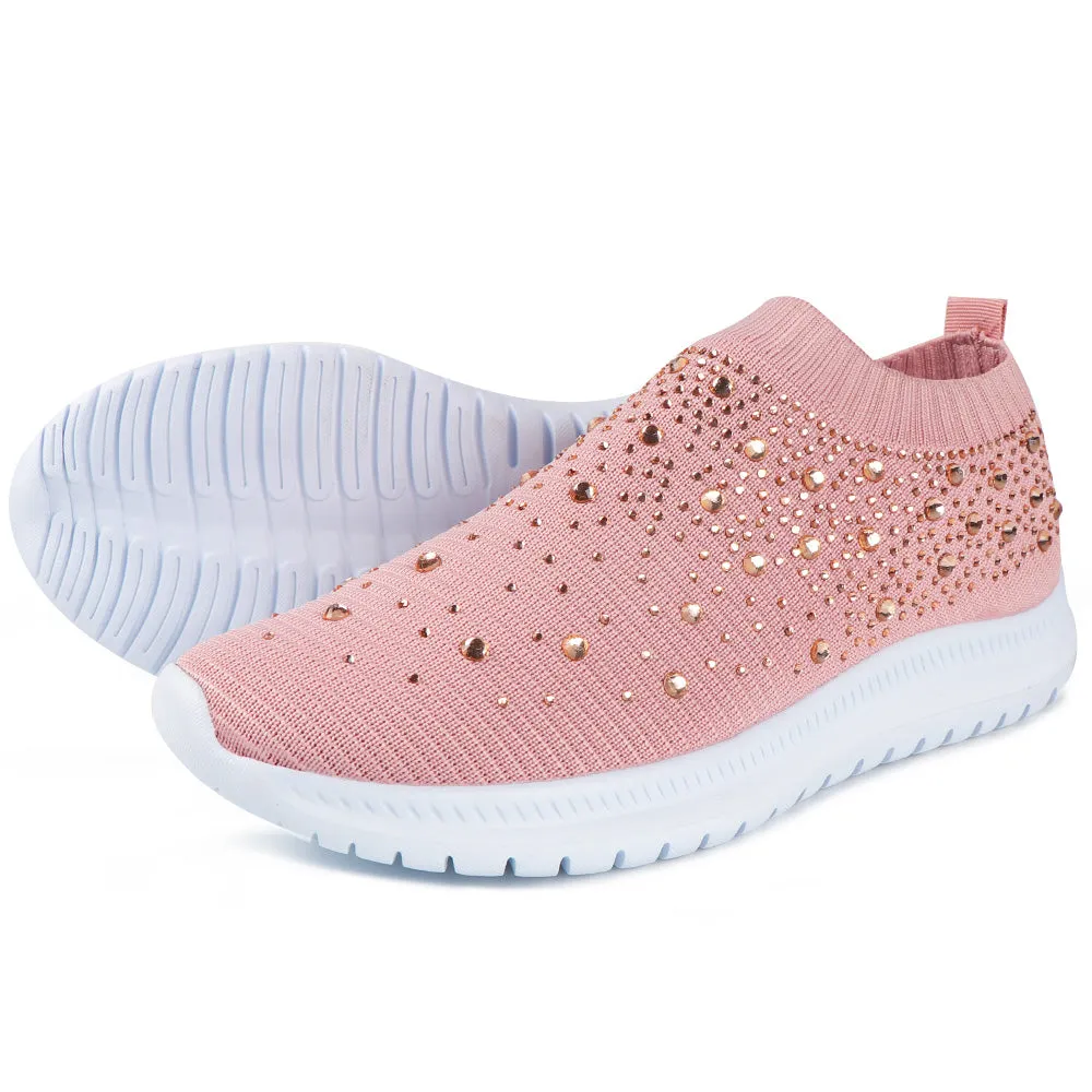 Women Sport Mesh Walking Rhinestone Glitter Slip On Sock Sneakers