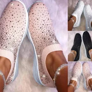 Women Sport Mesh Walking Rhinestone Glitter Slip On Sock Sneakers