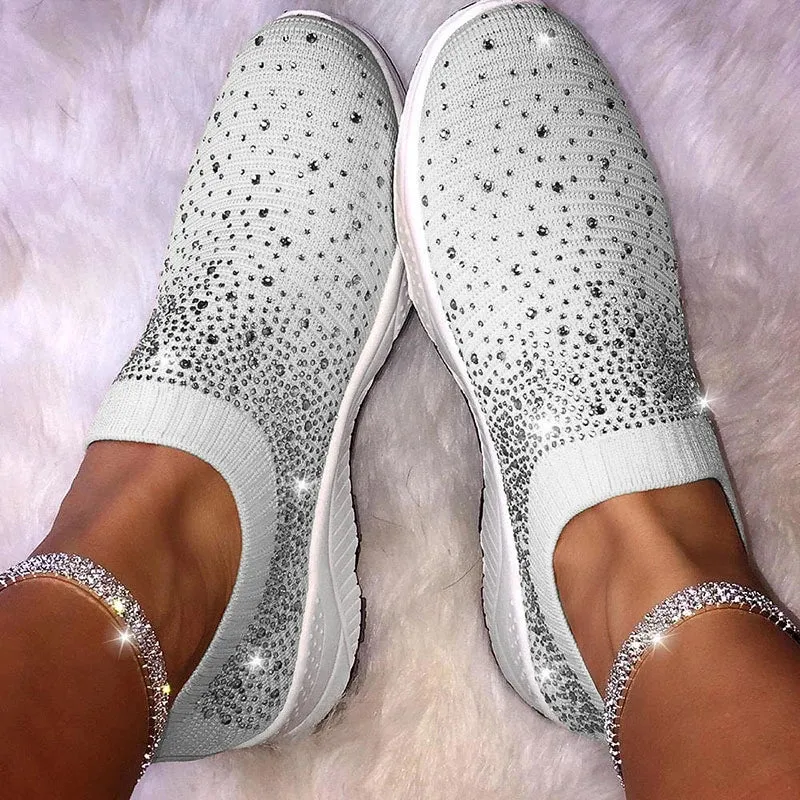 Women Sport Mesh Walking Rhinestone Glitter Slip On Sock Sneakers