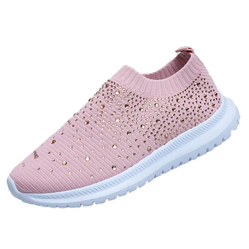 Women Sport Mesh Walking Rhinestone Glitter Slip On Sock Sneakers