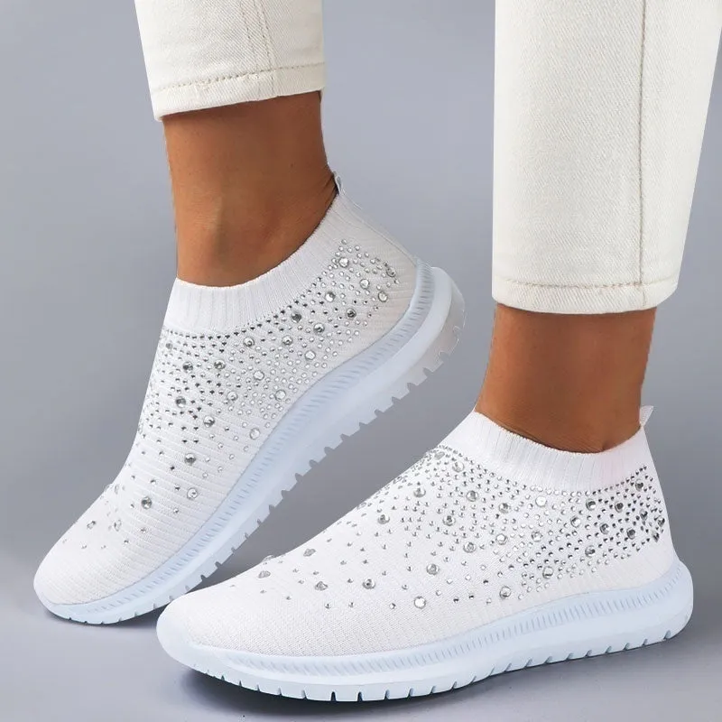 Women Sport Mesh Walking Rhinestone Glitter Slip On Sock Sneakers