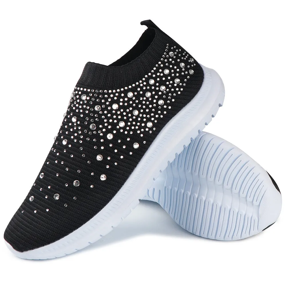 Women Sport Mesh Walking Rhinestone Glitter Slip On Sock Sneakers