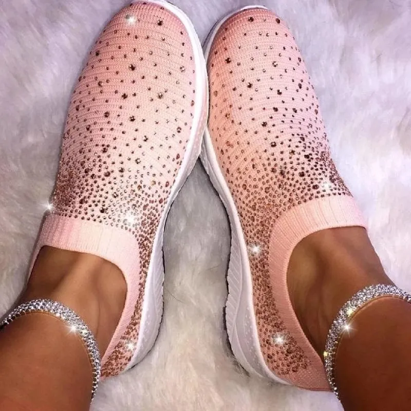 Women Sport Mesh Walking Rhinestone Glitter Slip On Sock Sneakers
