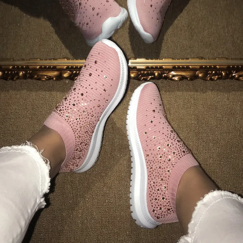 Women Sport Mesh Walking Rhinestone Glitter Slip On Sock Sneakers
