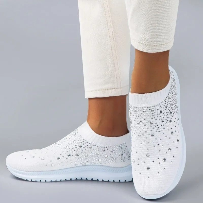 Women Sport Mesh Walking Rhinestone Glitter Slip On Sock Sneakers