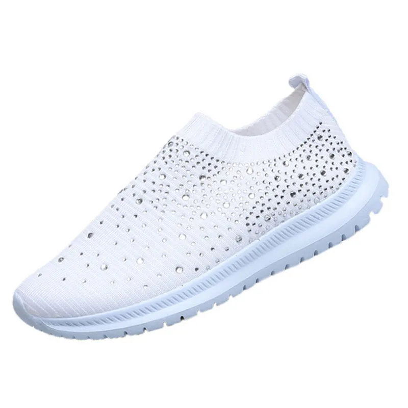 Women Sport Mesh Walking Rhinestone Glitter Slip On Sock Sneakers