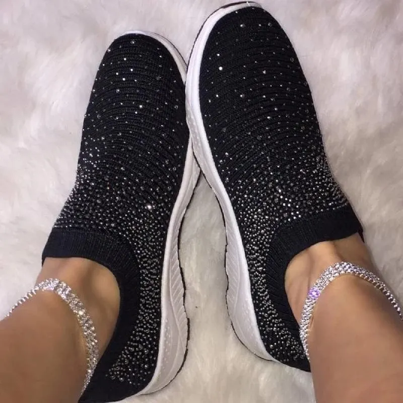 Women Sport Mesh Walking Rhinestone Glitter Slip On Sock Sneakers