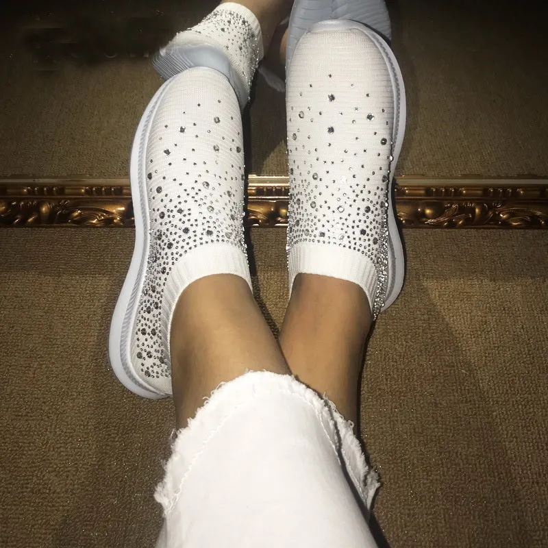 Women Sport Mesh Walking Rhinestone Glitter Slip On Sock Sneakers