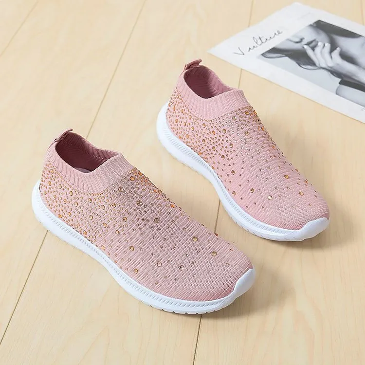 Women Sport Mesh Walking Rhinestone Glitter Slip On Sock Sneakers