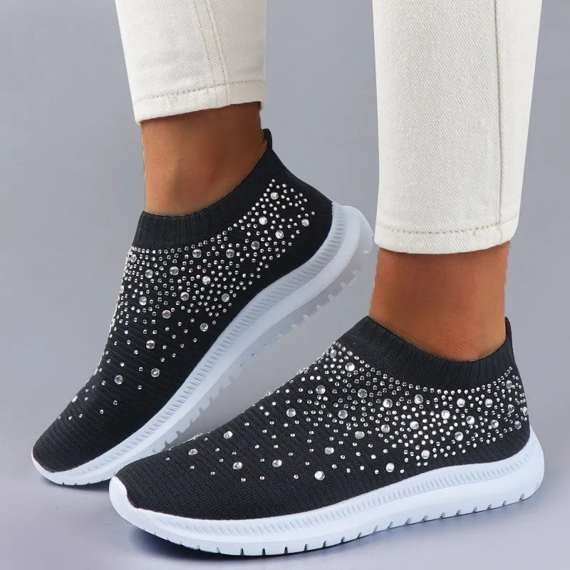 Women Sport Mesh Walking Rhinestone Glitter Slip On Sock Sneakers