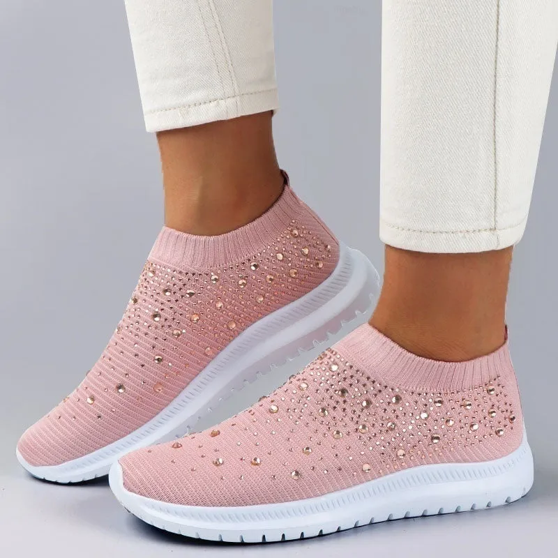 Women Sport Mesh Walking Rhinestone Glitter Slip On Sock Sneakers