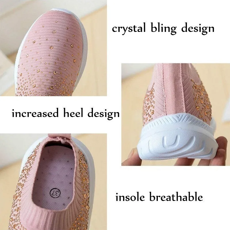 Women Sport Mesh Walking Rhinestone Glitter Slip On Sock Sneakers