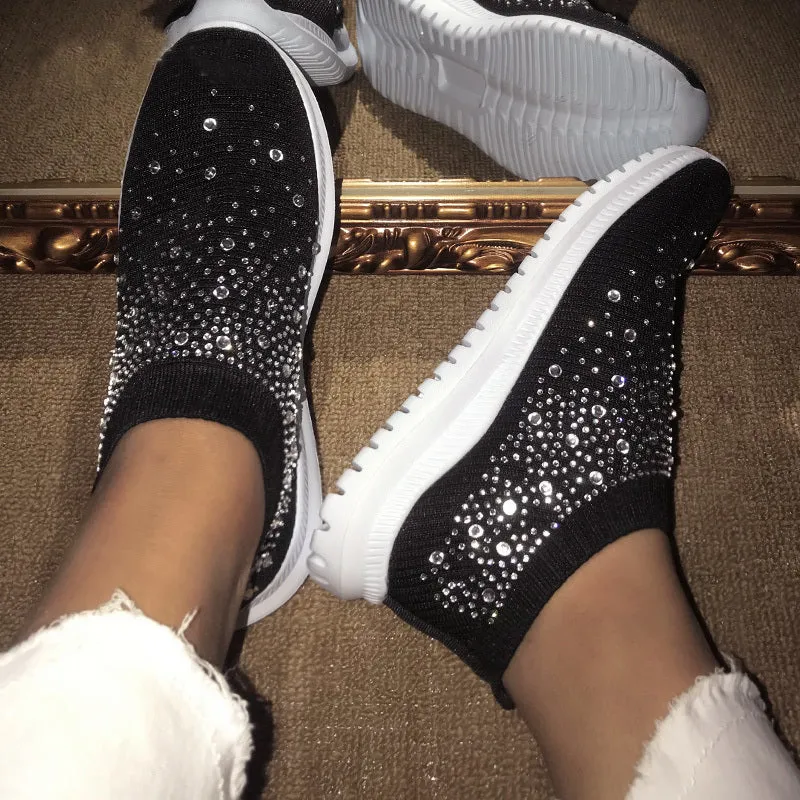 Women Sport Mesh Walking Rhinestone Glitter Slip On Sock Sneakers