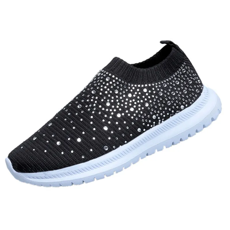 Women Sport Mesh Walking Rhinestone Glitter Slip On Sock Sneakers