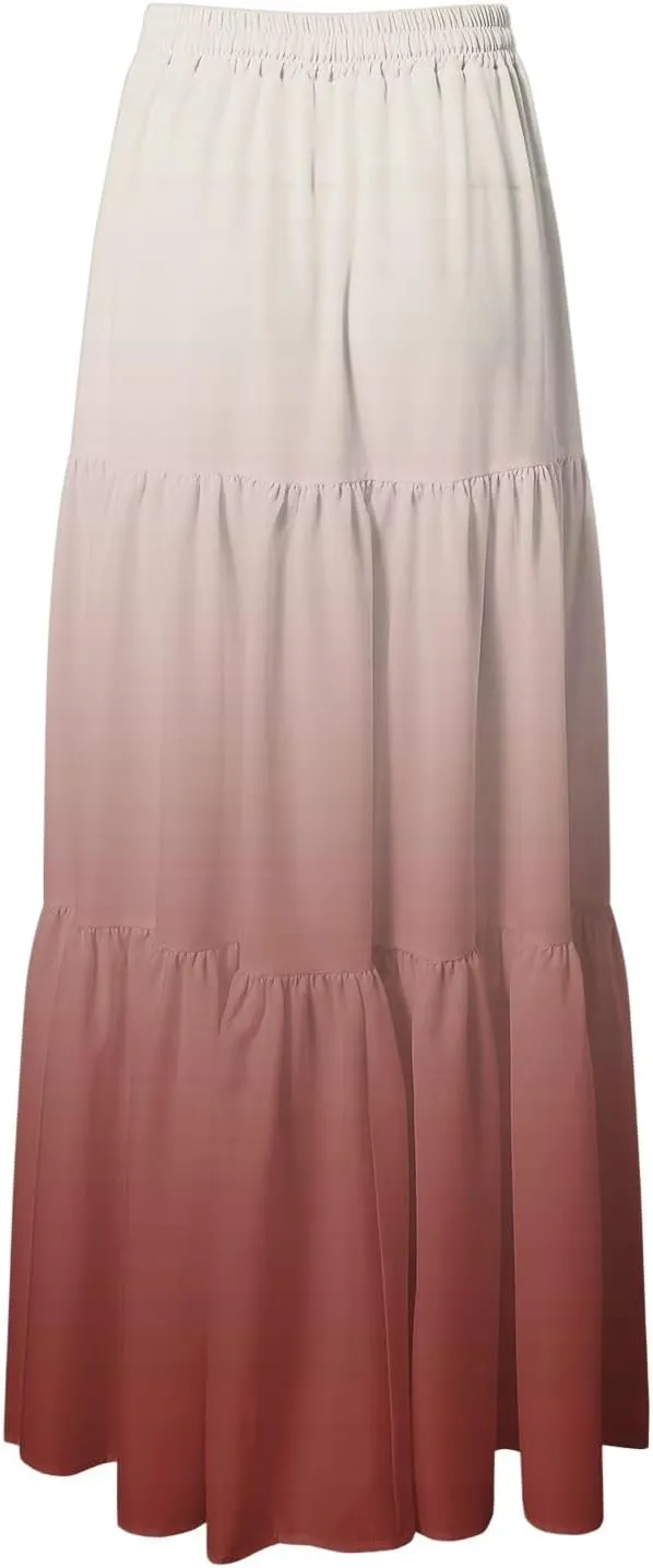 Women's Gradient Flowy Maxi Skirt Summer Pleated High Waisted Casual A-line Beach Vacation Long Skirts