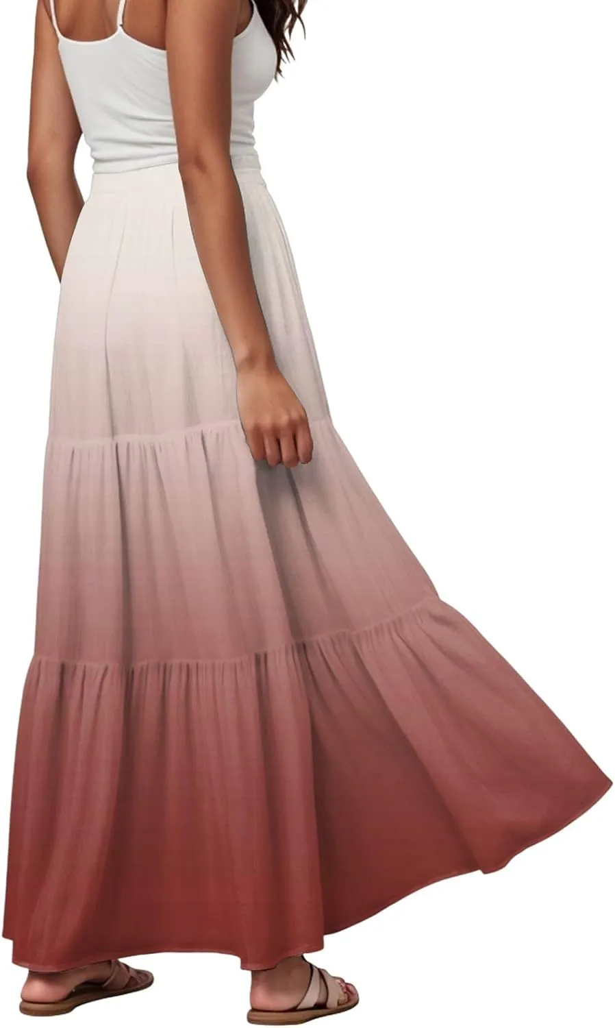 Women's Gradient Flowy Maxi Skirt Summer Pleated High Waisted Casual A-line Beach Vacation Long Skirts