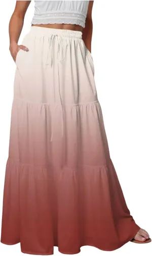 Women's Gradient Flowy Maxi Skirt Summer Pleated High Waisted Casual A-line Beach Vacation Long Skirts
