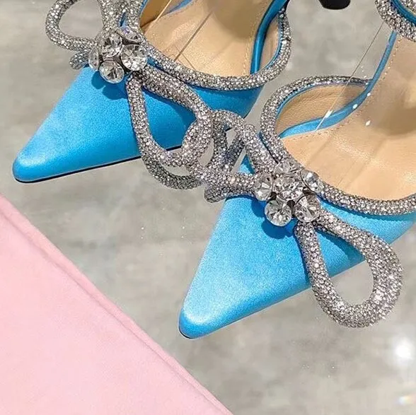 Women's Rhinestone Ankle Strap Pumps Satin Pointy Stilettos  Heeled Sandals