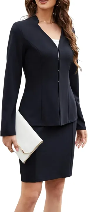 Women's Suits 2 Piece Skirt Set Business Casual Outfits Long Sleeve Blazer and Pencil Skirt