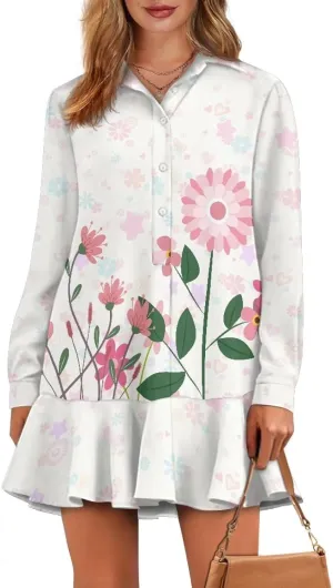 Youngerbaby Breast Cancer Awareness Shirt Dress for Women Long Sleeve V Neck Dresses Ruffle Hem Dress S-2XL