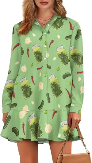 Youngerbaby Shirt Dresses for Women Long Sleeve Mini Dresses with Pockets Ruffee Hem Dresses S-2XL